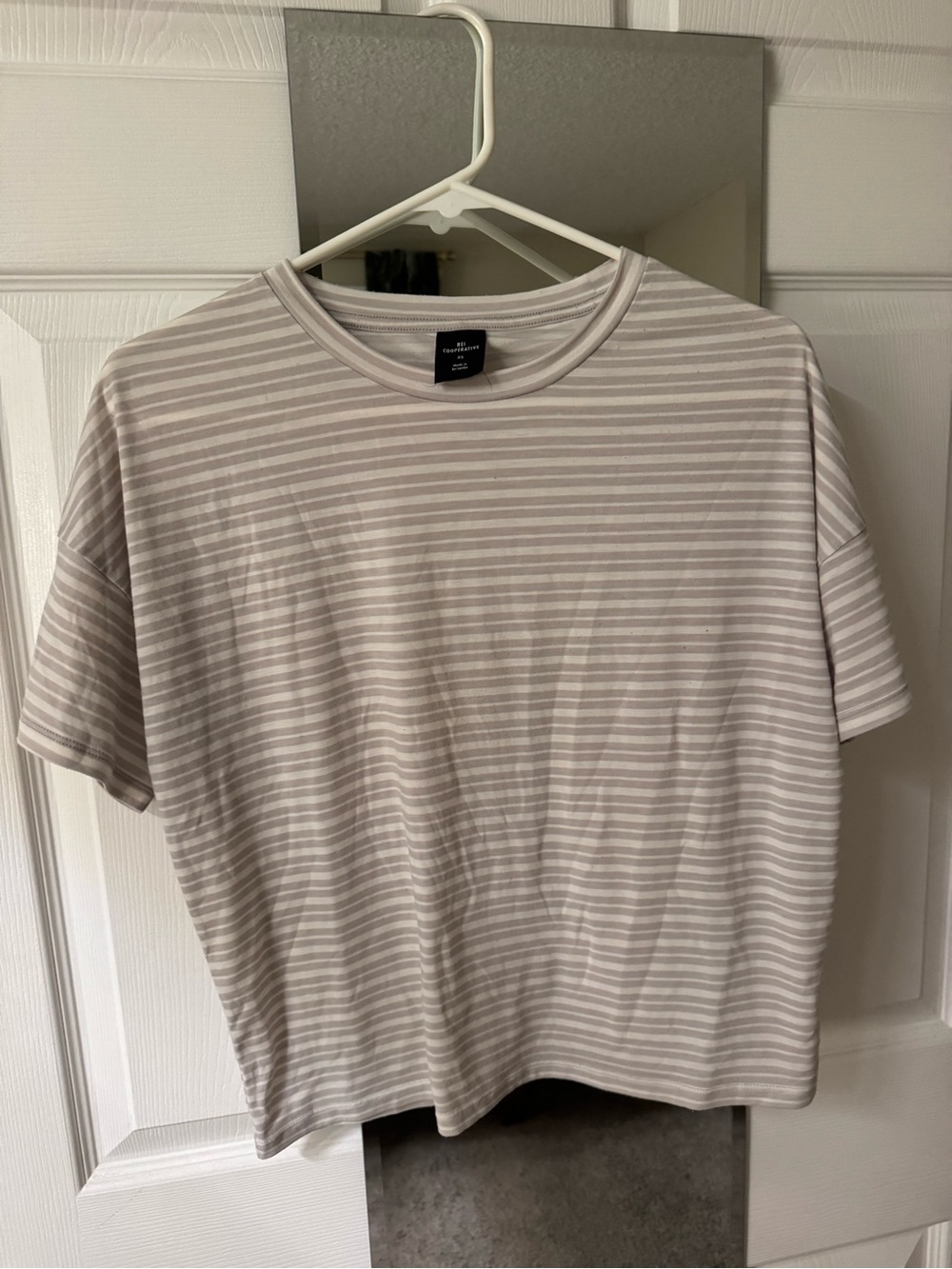 REI Short Sleeve Cropped Striped Crew Tee - Gray & White